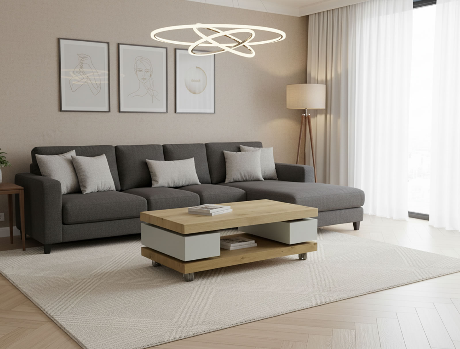 Mesa de centro elevable del Catálogo Living Home de Anzadi Mobiliario en acabado roble natural y lacada diseño moderno modelo diva fabricada en España
