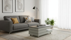 Mesa de centro elevable del Catálogo Living Home de Anzadi Mobiliario en acabado lacado tapa cerámica diseño moderno modelo tray fabricada en España