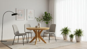 Mesa de comedor del Catálogo Living Home de Anzadi Mobiliario en acabado roble natural y diseño moderno fabricada en España
